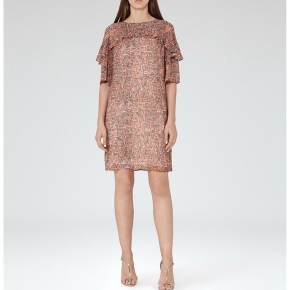 REISS Women's Roxanne Ruffle Shift Mini Dress Size 8 Coral Pink Lined